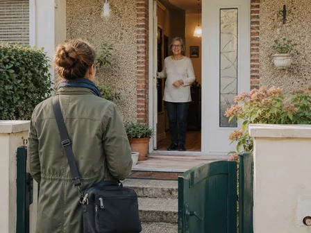 Une intervenante à domicile accueillie sur le pas de porte par une dame souriante