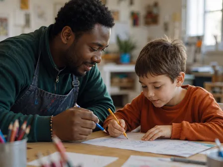 Un éducateur dessine avec un enfant à la table d’une salle d’activités