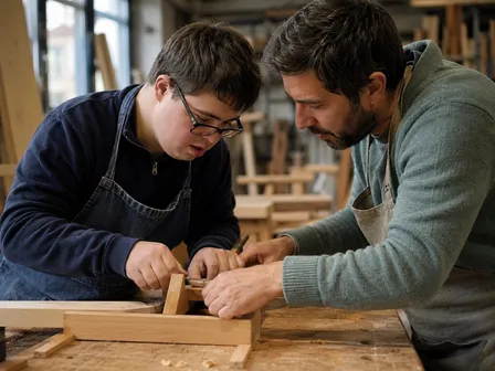 Un jeune homme et un encadrant travaillent le bois côte à côte dans un atelier