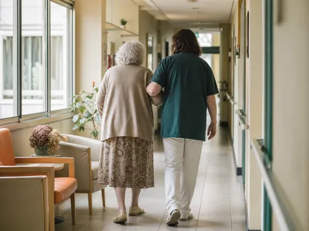 Une soignante accompagne une résidente âgée, bras dessus bras dessous, dans le couloir lumineux d’un établissement